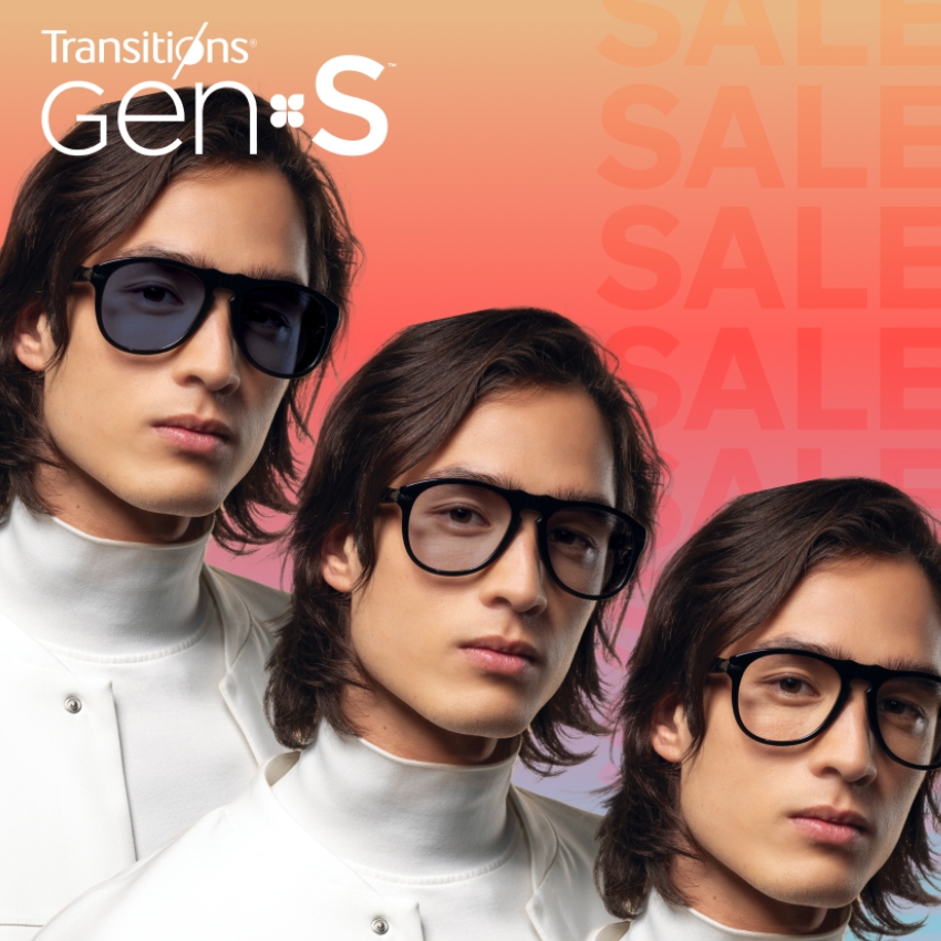 Transitions Gen 8 S glasses, SALE in background.