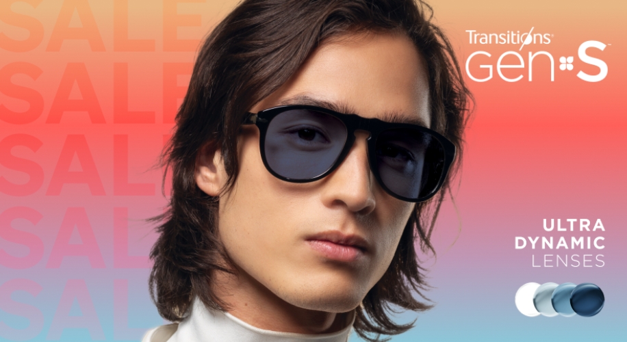 Transitions Gen 8 S sunglasses with ultra dynamic lenses, SALE in background.