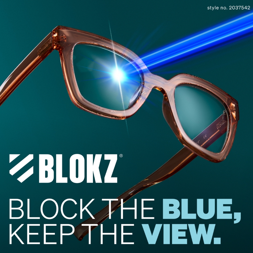 Blokz glasses blocking blue light with text: "BLOCK THE BLUE, KEEP THE VIEW." Style no. 2037542.