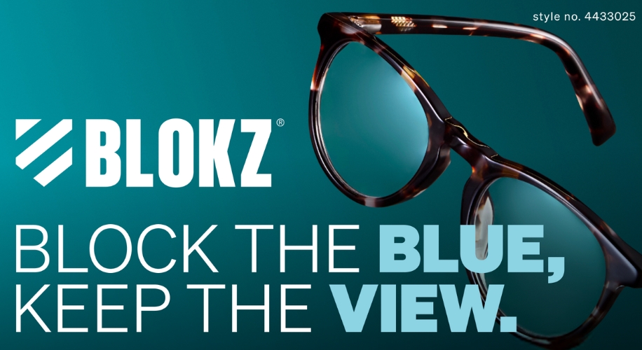 BLOKZ glasses with text: &quot;BLOCK THE BLUE, KEEP THE VIEW.&quot; Style no. 4433025.