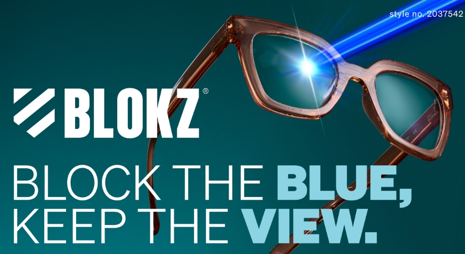 Blokz glasses blocking blue light with caption: &quot;Block the Blue, Keep the View.&quot; Style no. 2037542.