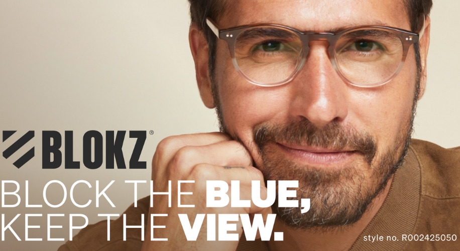 BLOKZ glasses ad with text: &quot;BLOCK THE BLUE, KEEP THE VIEW. style no. R002425050&quot;.