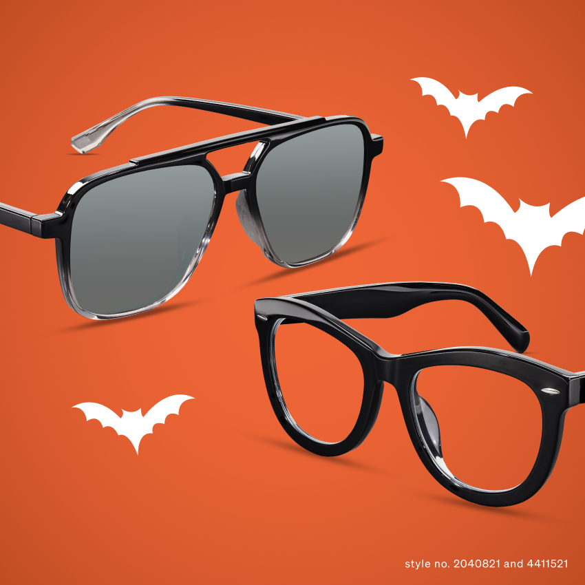 Sunglasses with style numbers 2040821 and 4411521, with bat graphics on orange background.