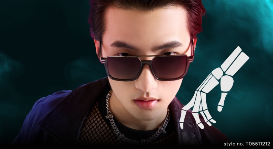 Sunglasses worn by model with skeletal hand graphic; style no. T05511212.