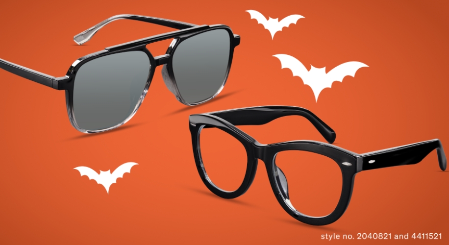 Two pairs of black glasses on orange background, style no. 2040821 and 4411521, with bat graphics.