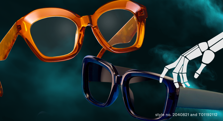 Amber and navy square eyeglasses. Style no. 2040821 and T01192112.