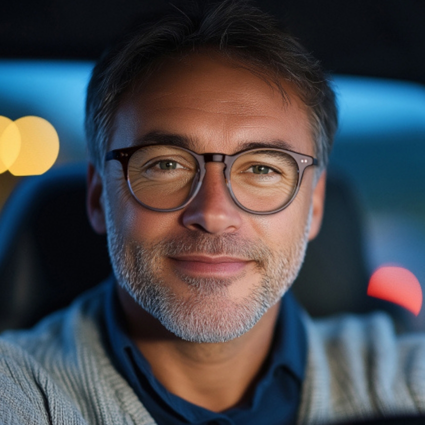 Man wearing glasses with a slight smile, focus on eyewear.