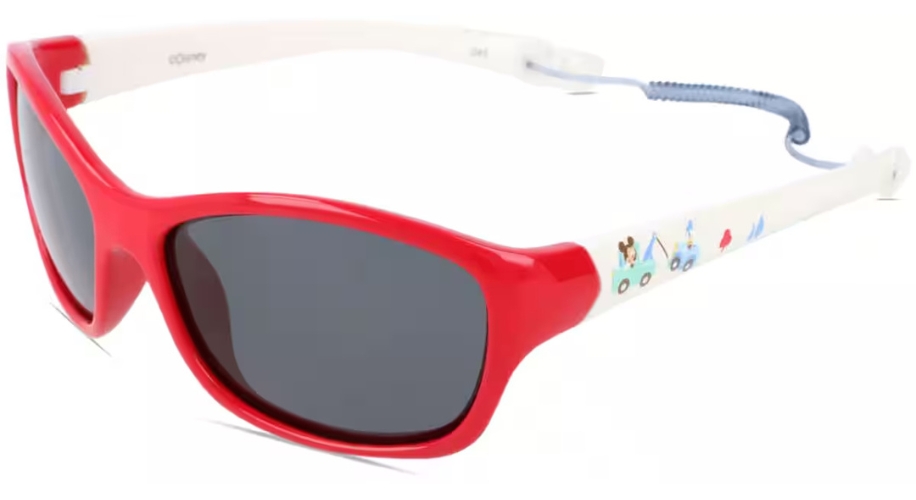 Red sunglasses with dark lenses, white arms featuring Disney characters, and text &quot;Disney&quot;.