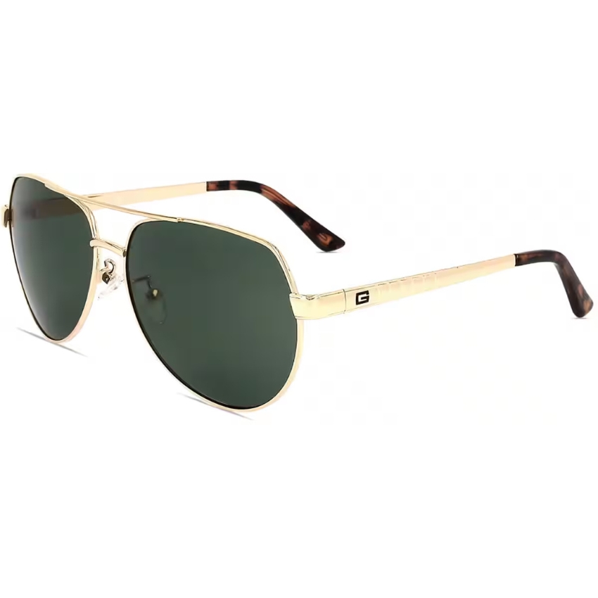 Gold aviator sunglasses with dark green lenses and tortoiseshell temple tips.