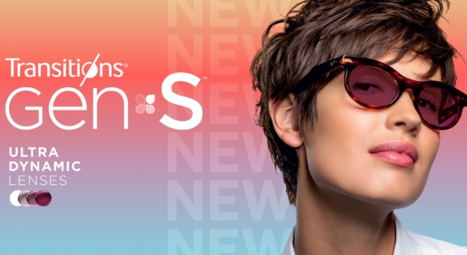 Transitions Gen 8 Style Colors Ultra Dynamic Lenses; shades shown on face with colorful backdrop.