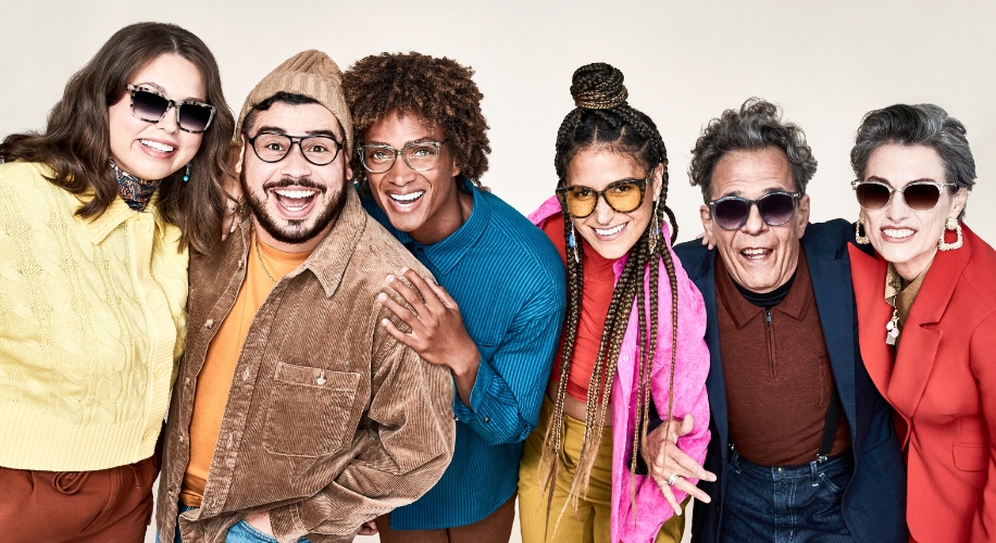 A group of diverse people wearing stylish eyewear, including sunglasses and optical frames.