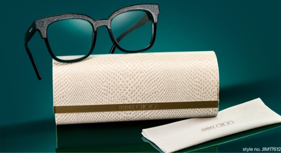 Black frame glasses with white textured Jimmy Choo case. Style no. JIM17612.