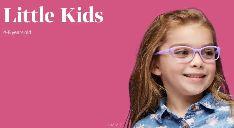 Little Kids, 4-8 years old, smiling child wearing purple glasses, product code 2021217.