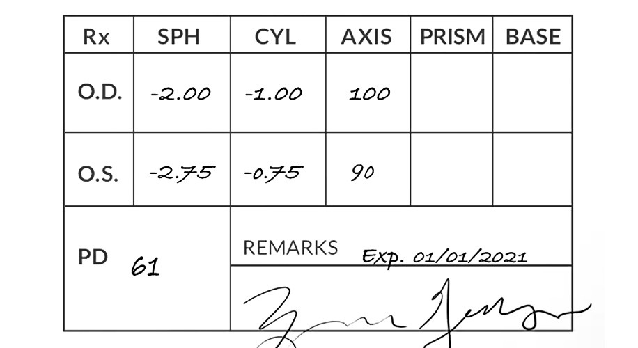 Rx prescription: OD SPH -2.00 CYL -1.00 AXIS 100; OS SPH -2.75 CYL -0.75 AXIS 90; PD 61; Exp. 01/01/