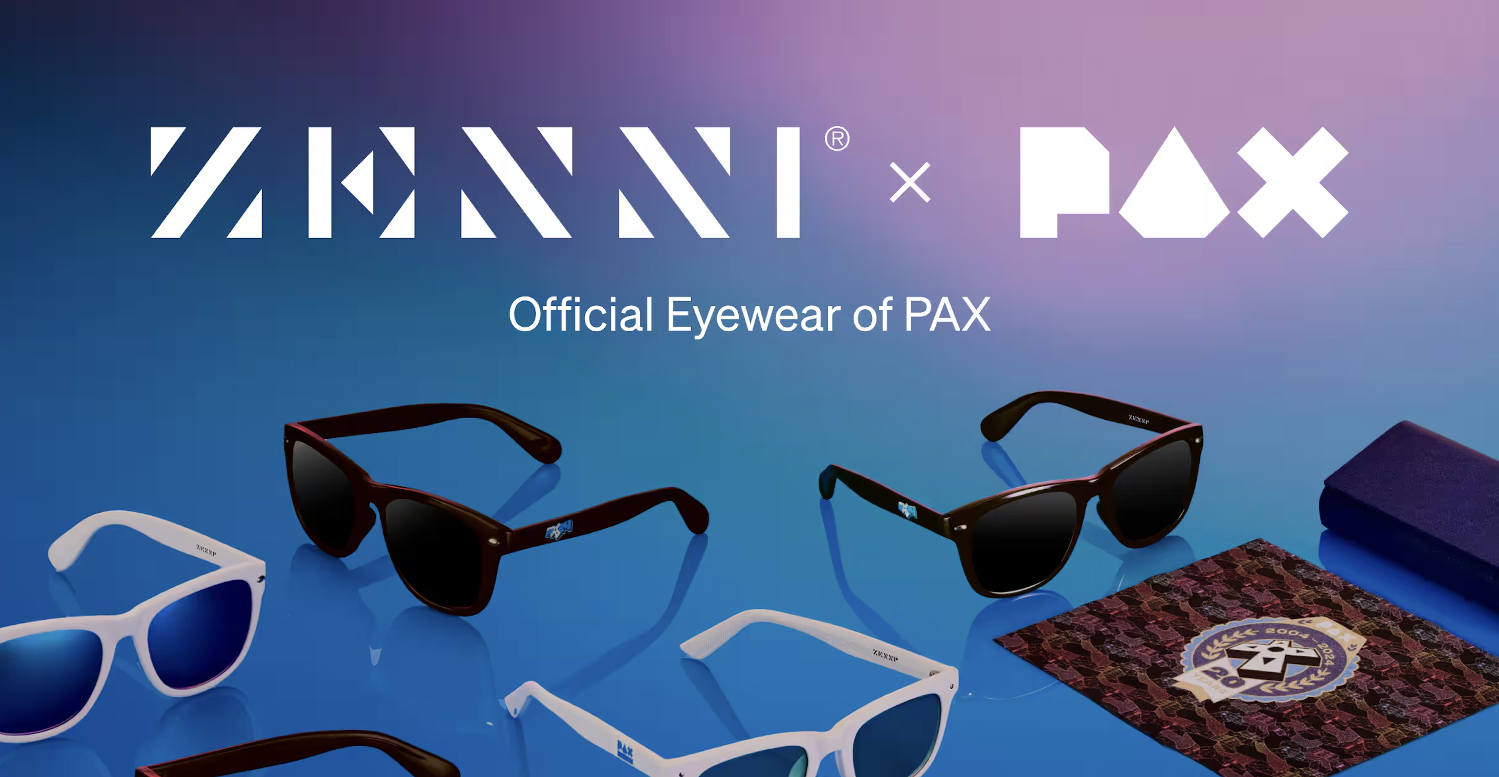 Zenni x PAX sunglasses collection, Official Eyewear of PAX, various styles displayed.