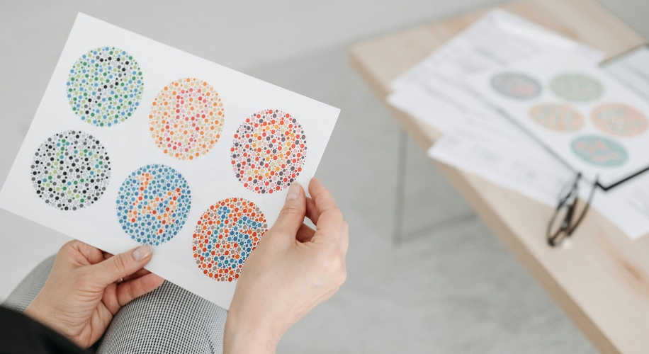 Color blind test sheet with circles containing numbers in dot patterns.