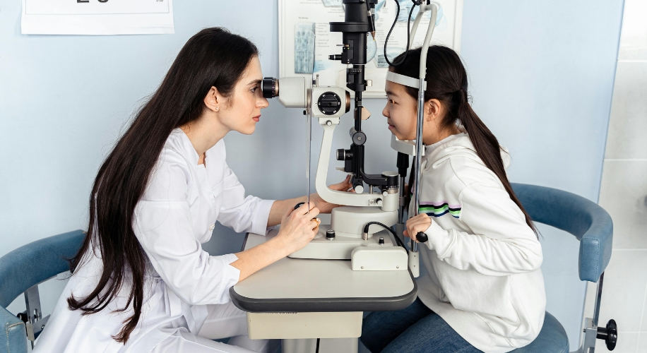 Optometrist using a slit lamp to examine a girl&#039;s eyes.