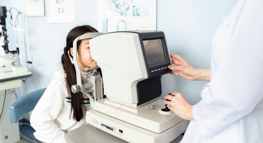 Eye exam with autorefractor machine.