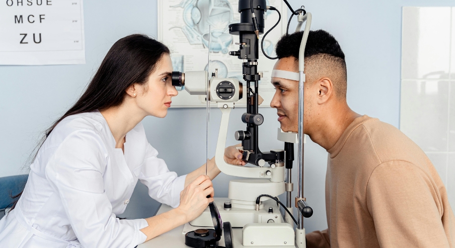 Eye exam using a slit lamp. Chart text: OHSUE MCF ZU.