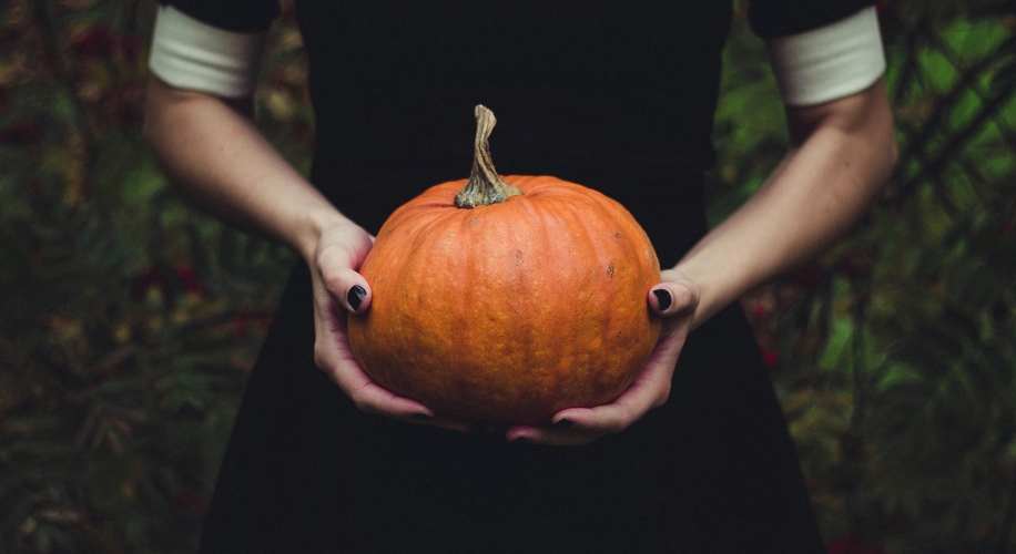 Hands holding an orange pumpkin.