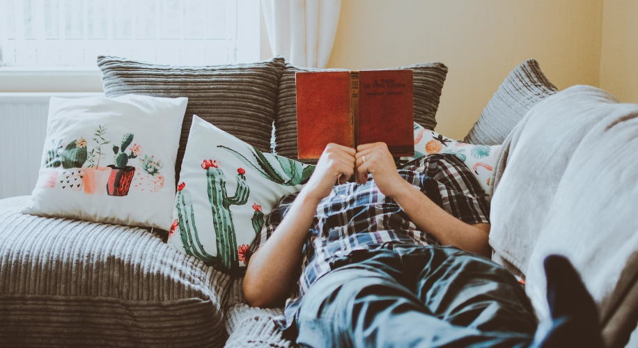 Person lying on a couch, reading a red book, surrounded by cactus print pillows.