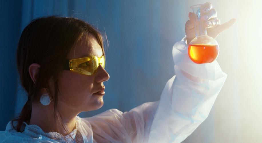 Woman in white lab coat holds an orange liquid in a flask, wearing yellow safety glasses.