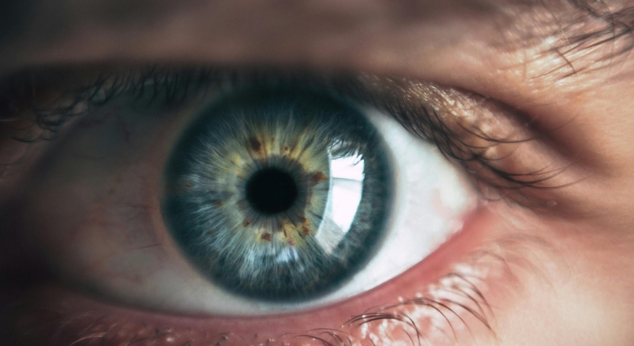 Close-up of a human eye with a blue iris and brown flecks.