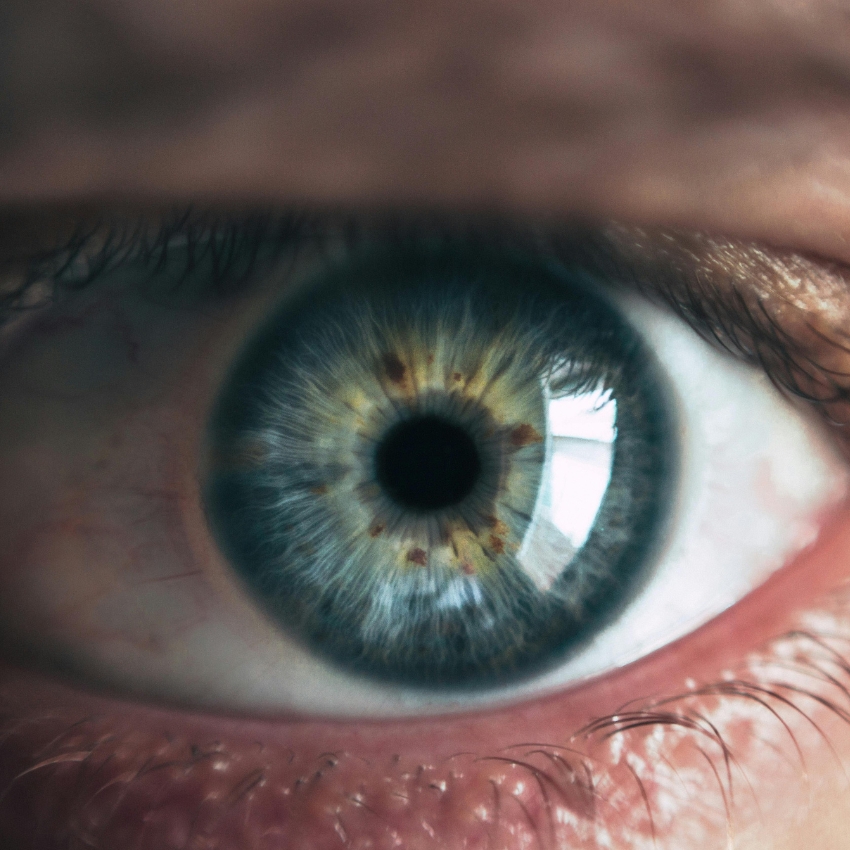 Close-up of a blue-green eye with a detailed iris pattern.