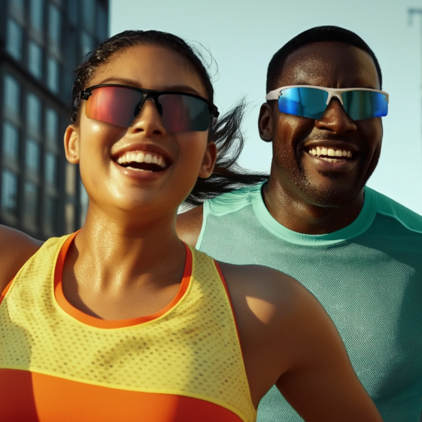 Sunglasses with mirrored lenses on two people jogging in athletic wear.