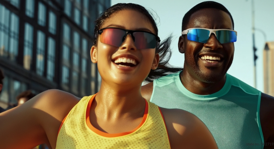 Two people wearing reflective sports sunglasses, smiling while jogging.