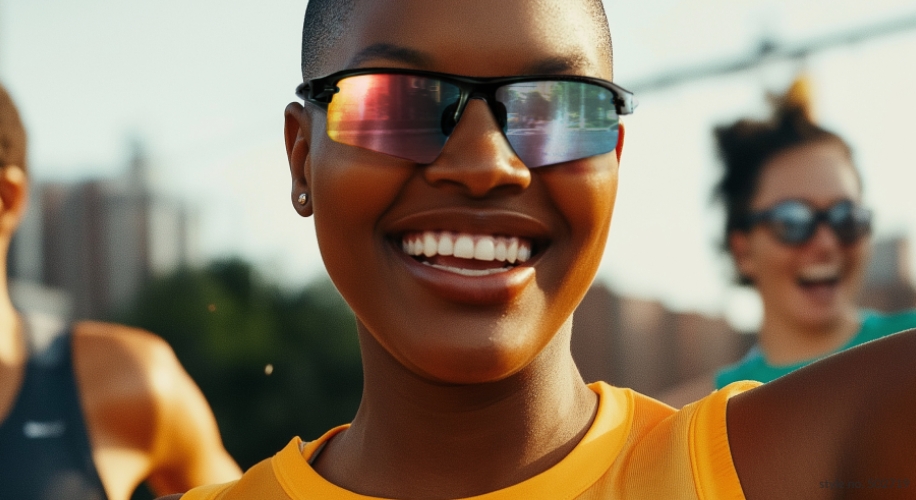 Smiling person wearing reflective sunglasses and a yellow top.