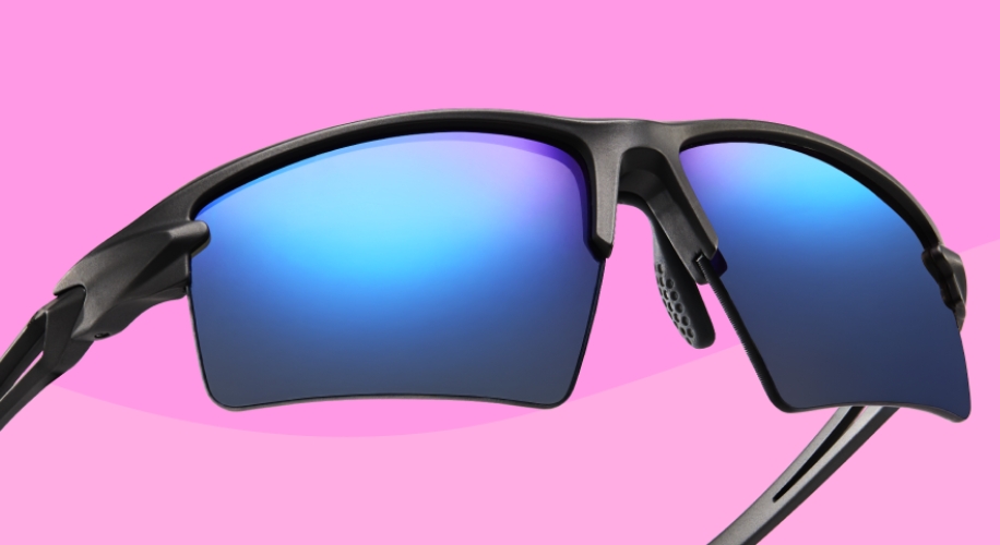 Sleek black sports sunglasses with blue mirrored lenses.