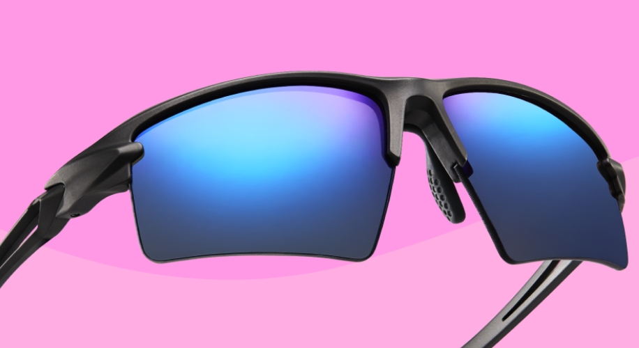 Black sports sunglasses with blue mirrored lenses.