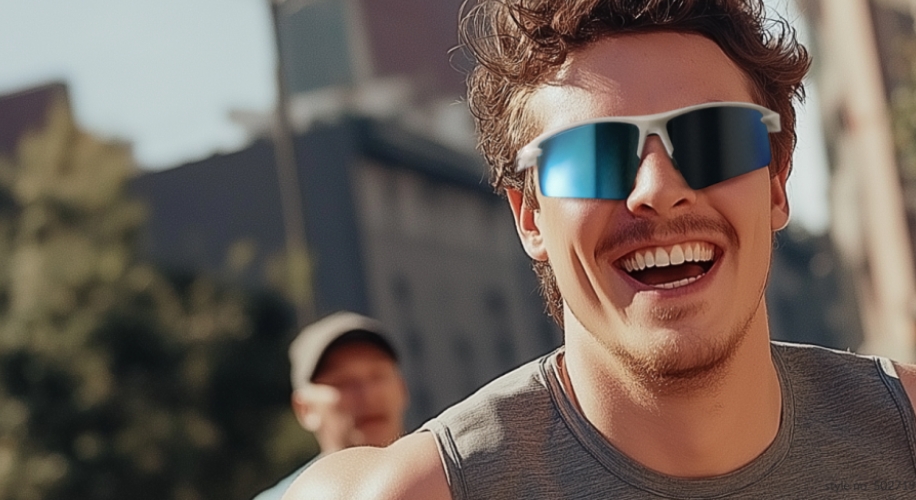 Man wearing reflective sports sunglasses and a gray sleeveless shirt, smiling during an outdoor run.