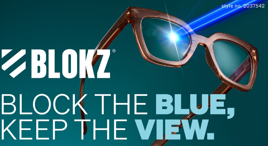 Blokz glasses blocking blue light. Text: BLOCK THE BLUE, KEEP THE VIEW. Style no. 2037542.