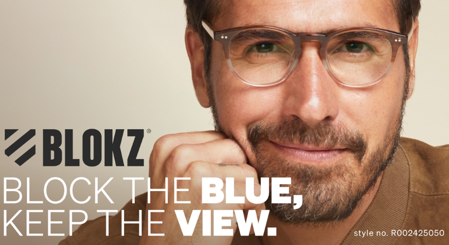 BLOKZ eyewear ad: &quot;BLOCK THE BLUE, KEEP THE VIEW.&quot; Style no. R002425050.