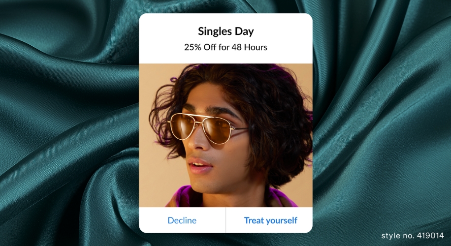 Singles Day promo: 25% off for 48 hours. Buttons: Decline, Treat yourself. Style no. 419014.