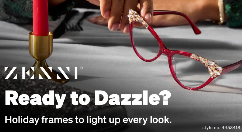 Red holiday frames with jewels, text: &quot;ZENNI Ready to Dazzle? Holiday frames to light up every look. Style no. 4453418&quot;