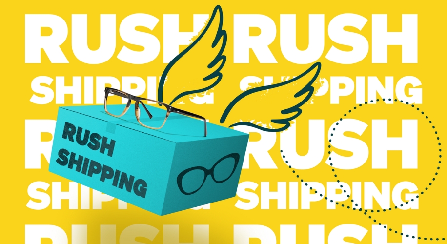 Blue box with glasses and wings, &quot;RUSH SHIPPING&quot; text repeated in the background.