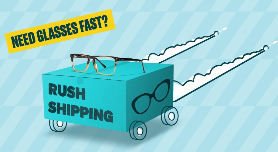 Need glasses fast? Rush shipping. Image of glasses on a box with wheels, speed lines behind.