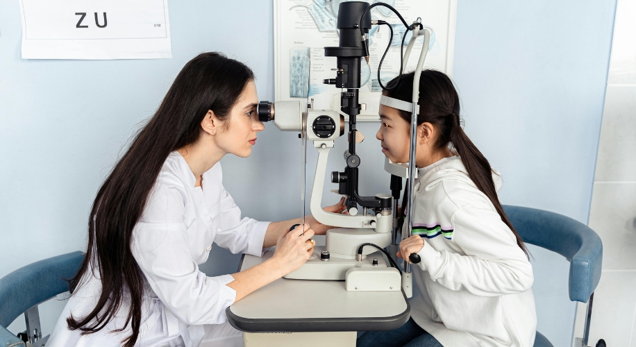 Eye exam using a slit lamp. ZU eye chart visible in the background.