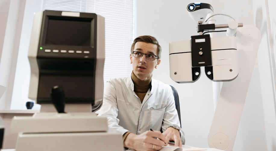 Eye examination equipment in a clinic setting.