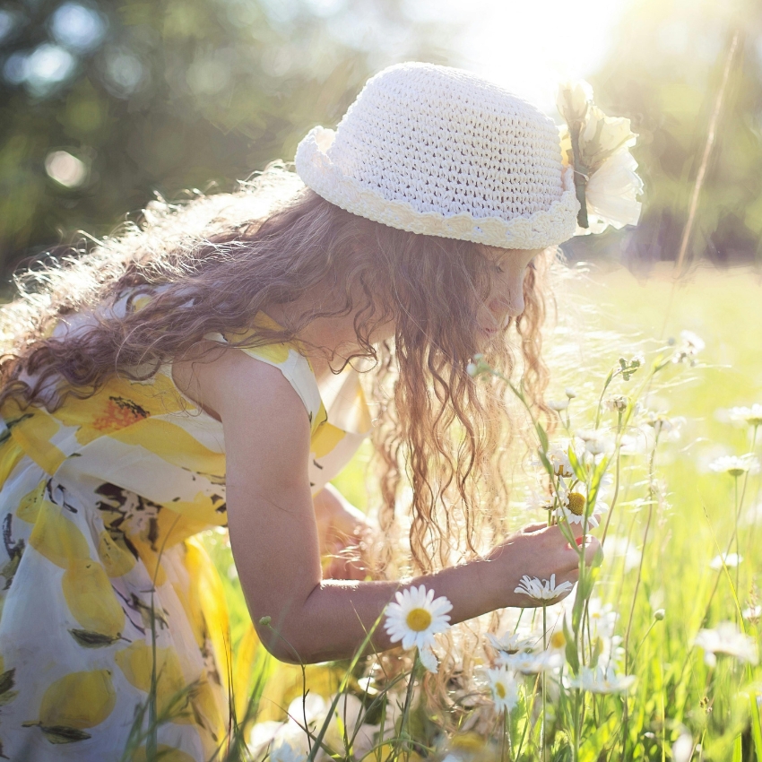 Child in a yellow dress and straw hat picking daisies in a sunlit field.