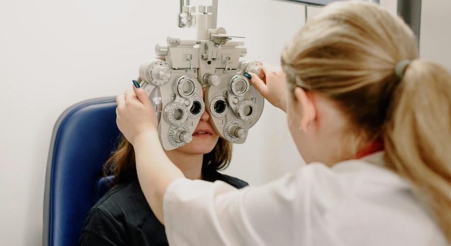 Phoropter in use during an eye exam.