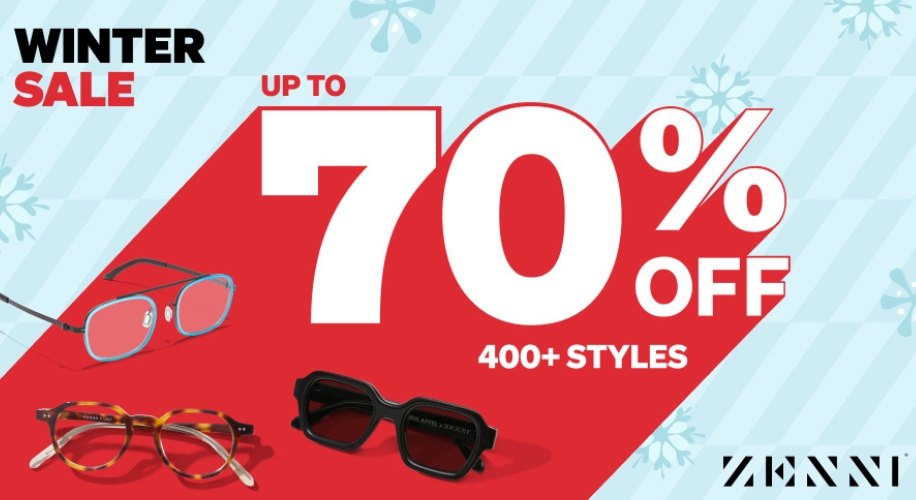 Winter sale, up to 70% off, 400+ styles, Zenni. Glasses in three styles shown.