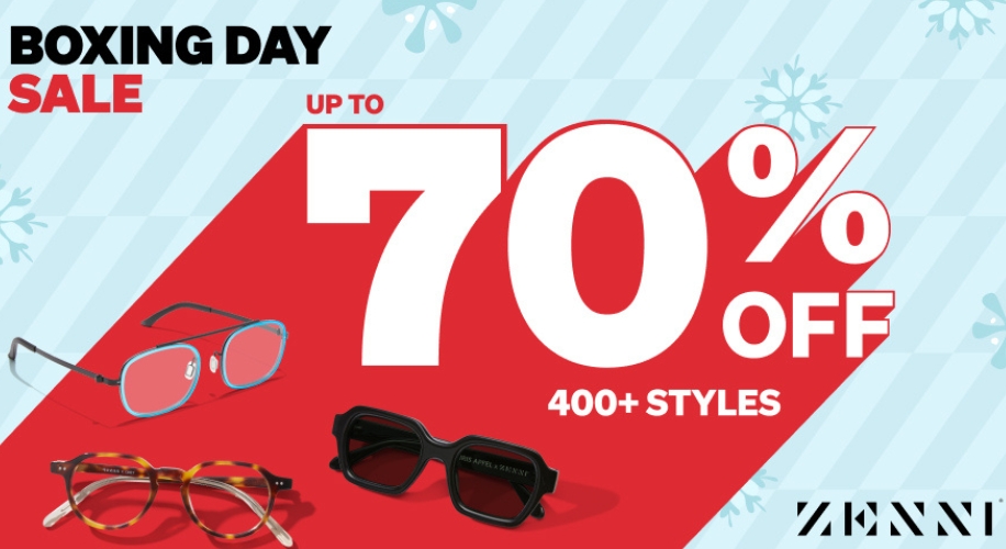 Boxing Day Sale: Up to 70% off 400+ styles. Zenni. Glasses displayed below text.