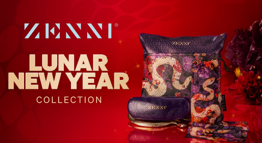 ZENNI Lunar New Year Collection featuring a red and purple snake-themed bag and eyeglass case.