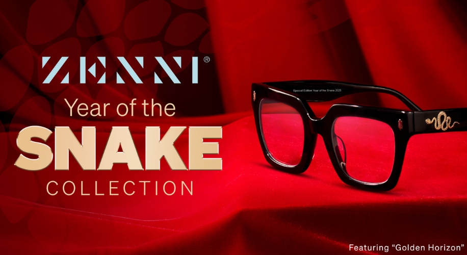 Zenni Year of the Snake Collection, featuring &quot;Golden Horizon&quot; glasses with gold snake detail.