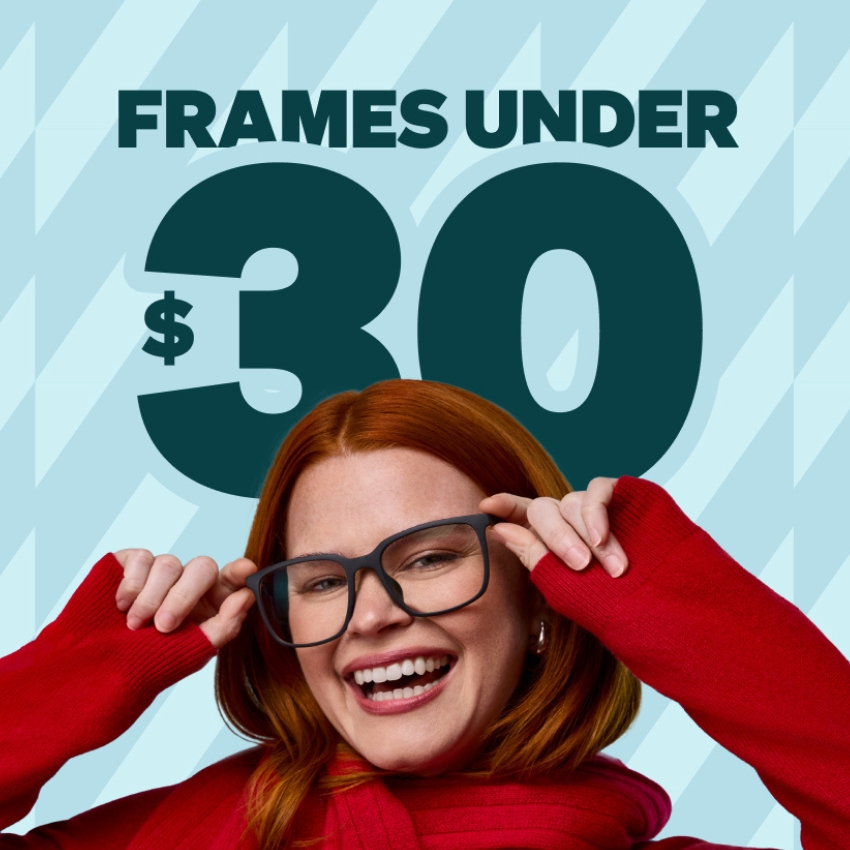 Frames under $30, person smiling and wearing glasses with a red scarf.