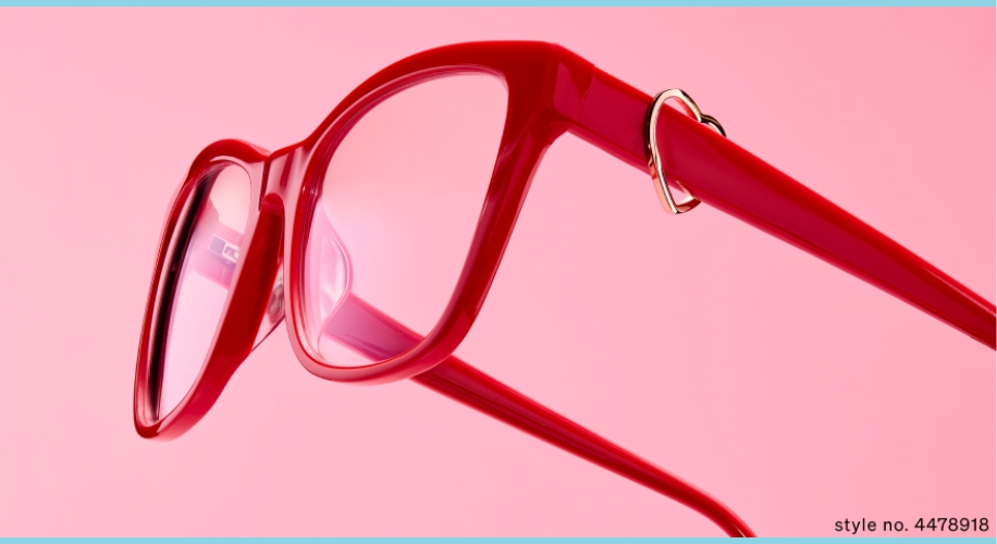 Red eyeglasses with a metal accent, style no. 4478918.